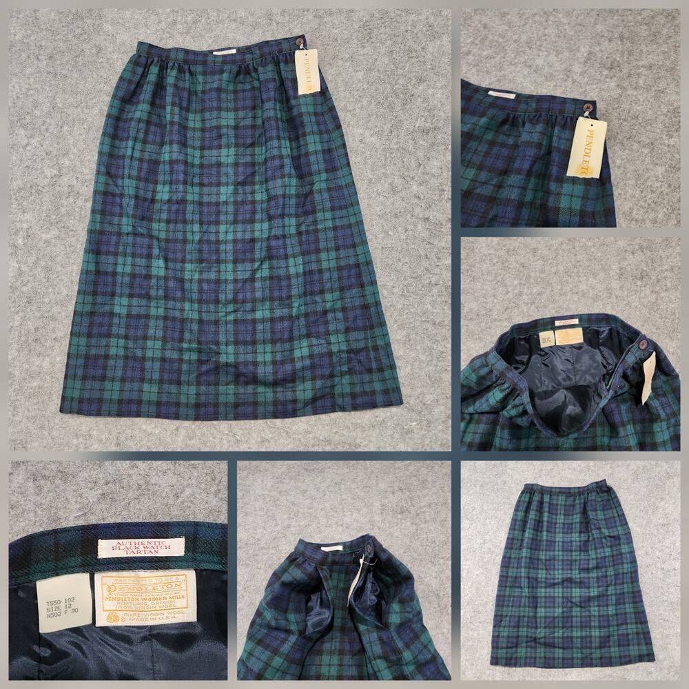 VTG Pendleton Womens 12 Pleated Midi Skirt Black Watch‎ Tartan Plaid Virgin Wool